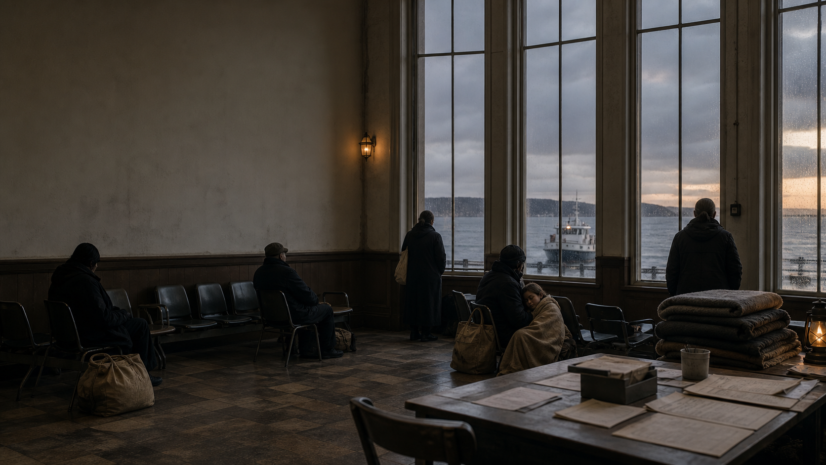 A quiet coastal transfer hall: waiting people, forms, blankets, a ferry outside.